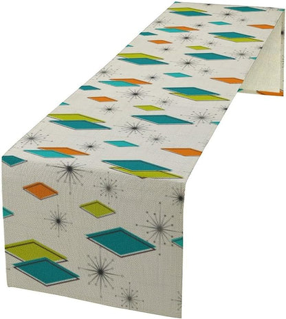 Mid Century Table Runner, Modern Atomic Pattern Absctract Geometric Retro Dinner Runner for Home Kitchen Dining Table Decoration, 13x60 Inch