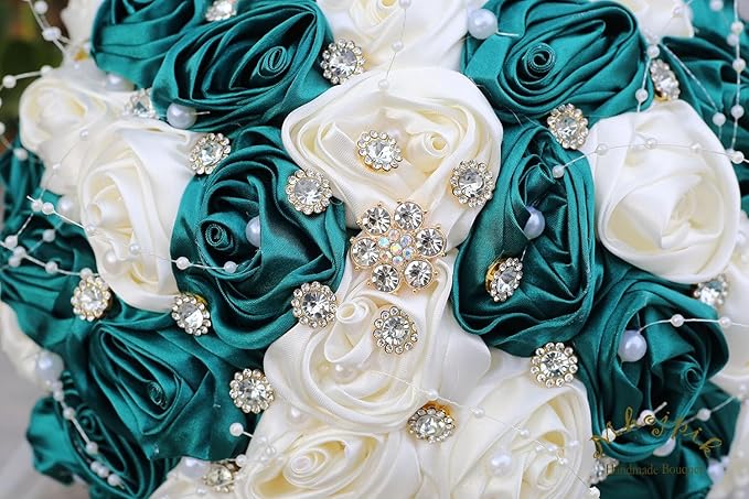 Bridal Wedding Bouquet Round Bling Brooch Bouquet Throw Toss Artificial Rose Flower Bunch for Bride Bridesmaid Wedding Quinceanera(Dark Green & Ivory, 6.3")