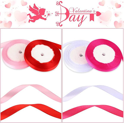 DECYOOL 4 Rolls 100 Yards Valentine’s Day Ribbons for Gift Wrapping, 10mm Wide Valentines Satin Ribbon for Valentine's Day Wedding Holiday Craft Projects