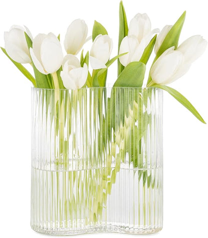 Glass Vase for Centerpieces,Modern Large Vase for Flowers,Footprint Shape Striped Bottle for Home,Office Restaurant Desk Decor 8.3 Inch (Clear)