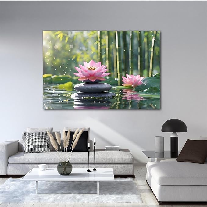 Ethereal pink lotus on obsidian Sunlit bamboo forest with sparkling water drops Poetic nature inspired wall art for tranquil homes and mindful spaces 28x40in Wood Framed