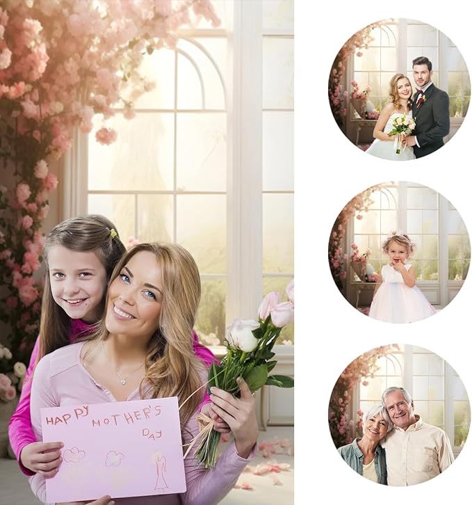 15x8ft Bridal Floral Backdrop for Wedding Pink Rose Window Scenery Green Leaves Elegant Photography Background for Valentine's Day Bridal Shower Birthday Spring Party Women Girls Portraits