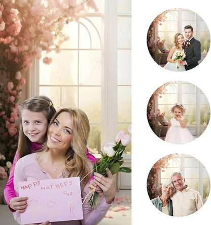 12x6ft Bridal Floral Backdrop for Wedding Pink Rose Window Scenery Green Leaves Elegant Photography Background for Valentine's Day Bridal Shower Birthday Spring Party Women Girls Portraits