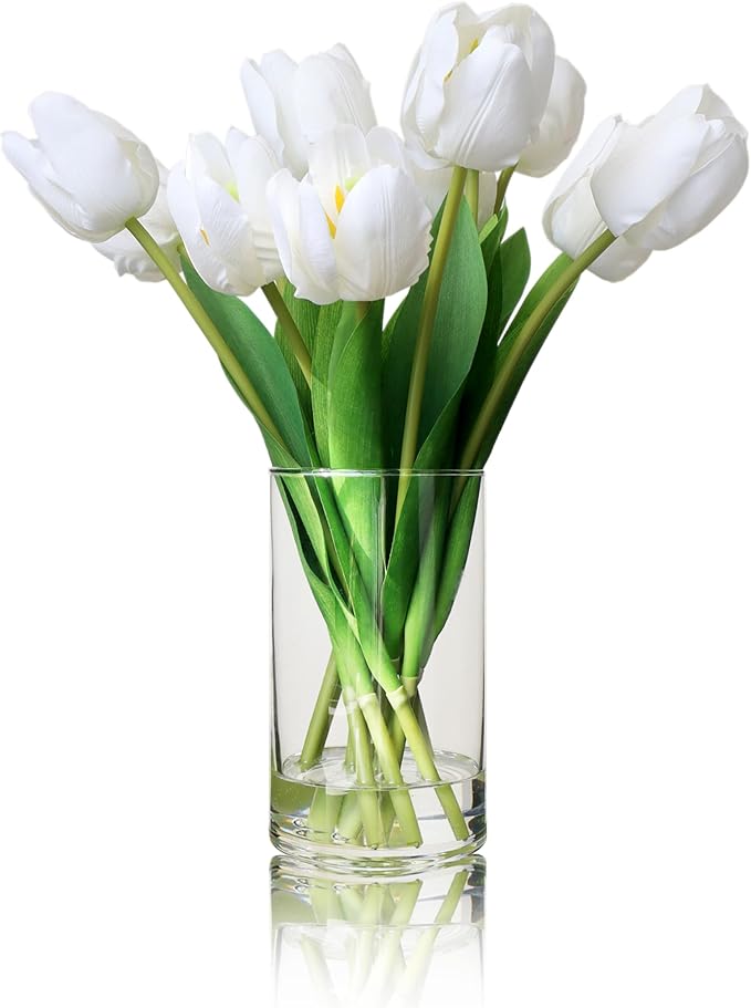 10pcs Fake Faux Tulips in Vase,Silk White Tulipanes Tulips Artificial Flowers Real Touch Arrangements with Vase for Desk Table Decoration Home Decor