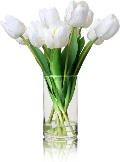 10pcs Fake Faux Tulips in Vase,Silk White Tulipanes Tulips Artificial Flowers Real Touch Arrangements with Vase for Desk Table Decoration Home Decor