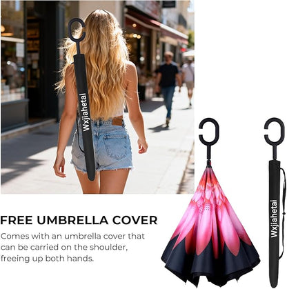 Inverted Umbrella, 49 Inch Double-Layer Vented Reverse Umbrella, Windproof Waterproof UV Protection, Lightweight C-Handle, Fiberglass Ribs, Steel Shaft, Travel/Commute/Car Use, With Sleeve