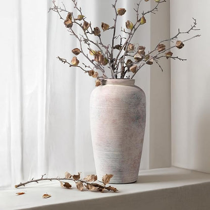 Large Rustic Ceramic Vase, 11 Inch Farmhouse Decorative Vases for Home Decor, Vintage Tall Flower Vase for Dining Table Centerpiece Living Room Kitchen Fireplace Mantle Bookshelf, Wabi Sabi Decoration
