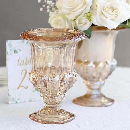 Efavormart 2 Pack Amber Gold Glass Flower Vases in Classic Roman Urn Style, Mini Pedestal Vase Table Centerpieces - 8"