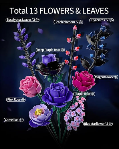 Flowers Bouquet Building Set - Purple Roses Botanical Collection Building Blocks for Adult Women, Artificial Flowers Gothic Home Decor Christmas Birthday Gift for Adults Kids Girls 6-12