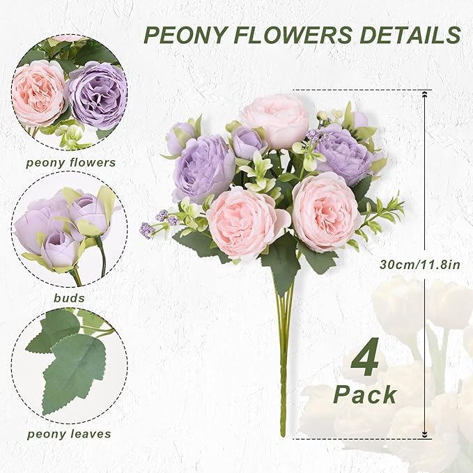 MARTINE MALL 4 Packs Peonies Artificial Flowers, Pinkish-Purple Artificial Peonies, Silk Peonies Flowers Fake Peonies Artificial Flowers Peonies Bouquet for Centerpiece Table Wedding Party Home Decor