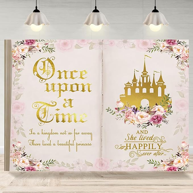 10x6.5ft Once Upon a Time Backdrop Fairy Tale Books Pink Floral Princess Castle Photography Background Romantic Wedding Birthday Party Banner Decorations Cake Table Decor