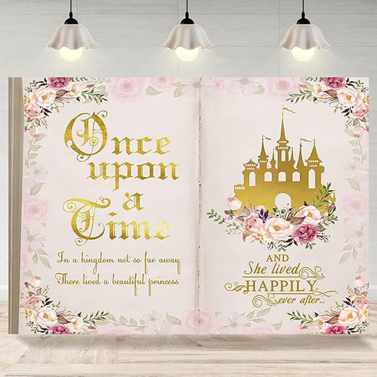 12x8ft Once Upon a Time Backdrop Fairy Tale Books Pink Floral Princess Castle Photography Background Romantic Wedding Birthday Party Banner Decorations Cake Table Decor