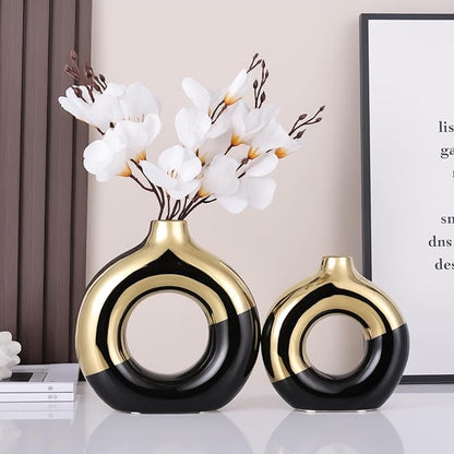 Black and Gold Vase Decor Donut Vase Set of 2 - Circle Hollow Vases, Modern Matte Ceramic Vases for Entryway Living Room Bedroom Dining Table Centerpiece Office Home Decor