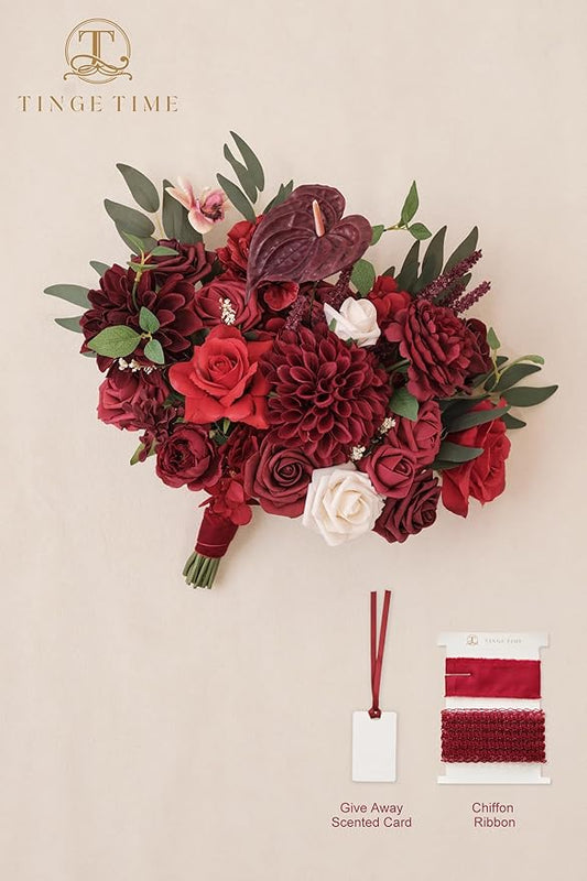 TINGE TIME 11 Inch Wedding Bouquets for Bride, Burgundy Artificial Flowers Bouquet, Brides & Bridesmaids Bouquet Tossing Bouquet for Wedding Anniversary Ceremony Bridal Shower Decorations