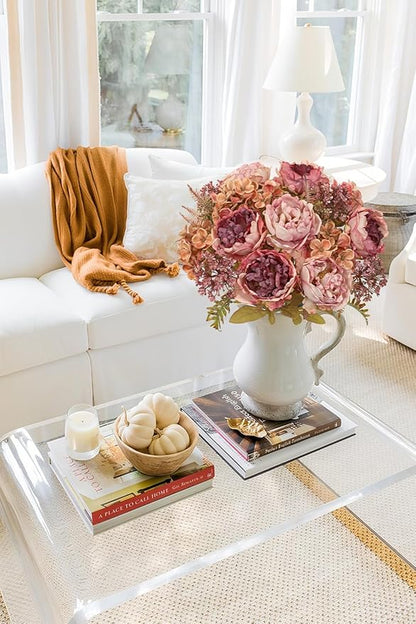Hollyone 2Pcs Artificial Fall Flowers Bouquet 18.8" Pink Dried Peony Hydrangea Fake Fall Floral Silk Flowers Autumn Faux Flower Arrangement for Home Wedding Table Centerpieces Thanksgiving Party Decor