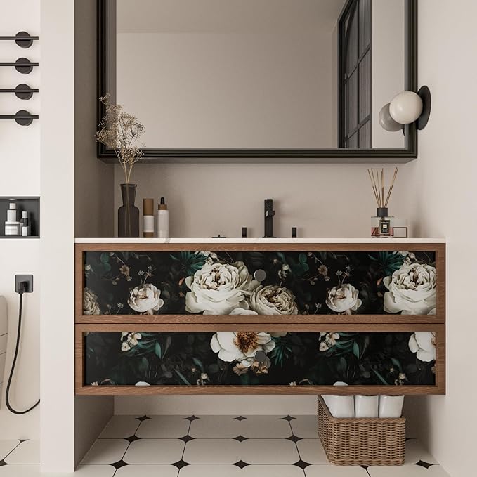 Dark Wallpapr Peel and Stick Boho Wallpaper 17.5in x 393in Black Floral Contact Paper Waterproof Self Adhesive Vintage Large Floral Wall Paper for Bedroom Walls Cabinet Decor