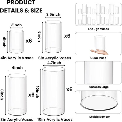 24 Pack Plastic Cylinder Vases, 4 6 8 10 Inch Tall Acrylic Cylinder Clear Flower Vase Set Bulk Glass Like Large Round Plastic Vases for Centerpiece Wedding Home Office