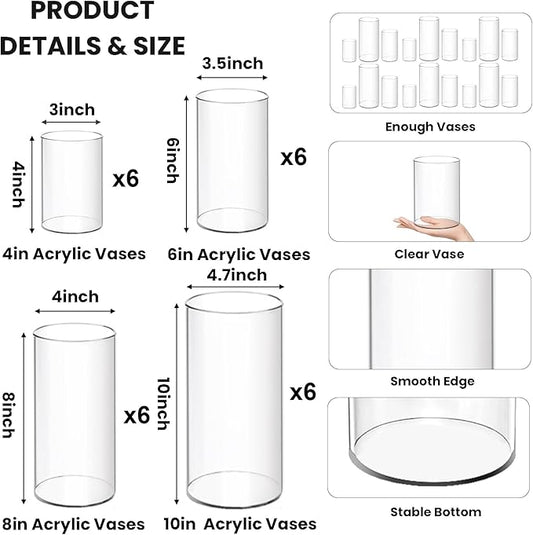 24 Pack Plastic Cylinder Vases, 4 6 8 10 Inch Tall Acrylic Cylinder Clear Flower Vase Set Bulk Glass Like Large Round Plastic Vases for Centerpiece Wedding Home Office
