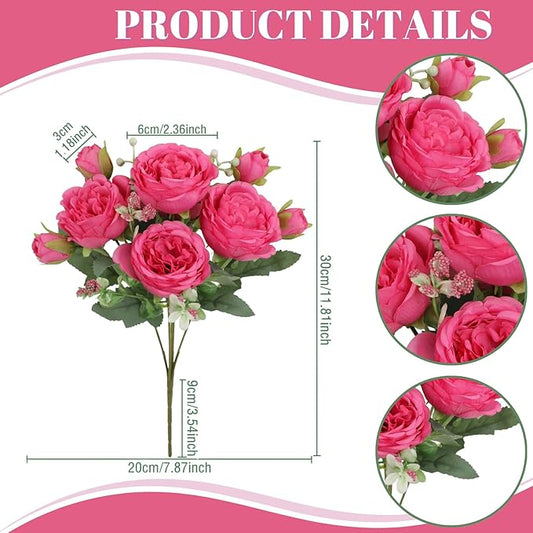 ASTRYAS Artificial Flowers, 3Pcs Silk Fake Peonies Faux Hot Pink Artificial Flowers Peonies Bouquet Arrangements Table Centerpieces for Wedding Office Home Decor Cake