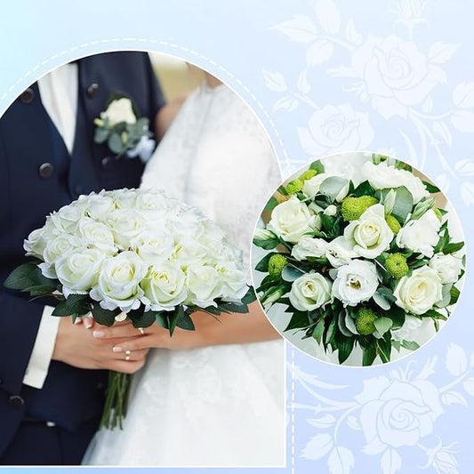 30pcs Fake Roses Artificial Silk Flowers Long Stems Bouquet for Wedding Bridal Shower Party Home Decoration (White)