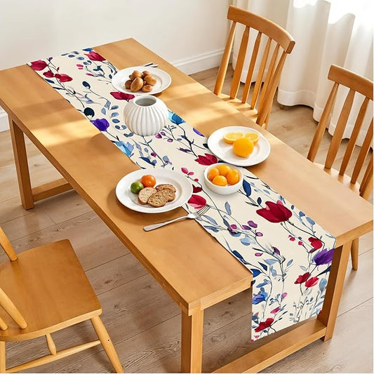 Elegant Watercolor Floral Table Runner – 13x72 Inch Linen-Look Fabric with Red, Blue & Purple Blooms on Beige Background, Perfect for Dining Room, Kitchen & Home Decor