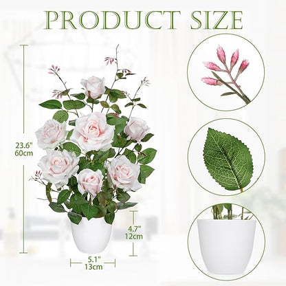 Hollyone Pink Fake Roses Artificial Flowers in Pot 23.6" Small Roses Tree Indoor Outdoor Faux Plants & Flowers Rose Silk Flowers Potted Plant Artificial Rose Floral Arrangement Desk Home Decor