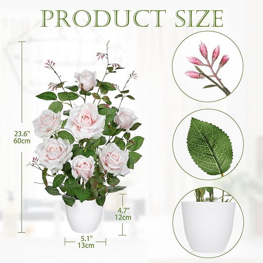 Hollyone Pink Fake Roses Artificial Flowers in Pot 23.6" Small Roses Tree Indoor Outdoor Faux Plants & Flowers Rose Silk Flowers Potted Plant Artificial Rose Floral Arrangement Desk Home Decor