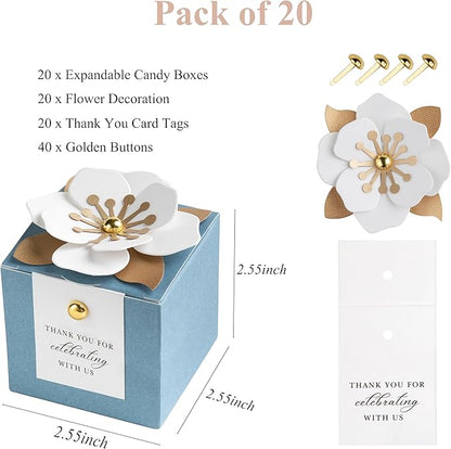 FEIYI 20 PCS Candy Boxes, 3 In 1 Dusty Blue Favor Boxes with Floral Decor, White Thank You Tags Gift wrapping for Wedding Birthday Baby Shower Decorations Party -2.55x2.55x2.55''