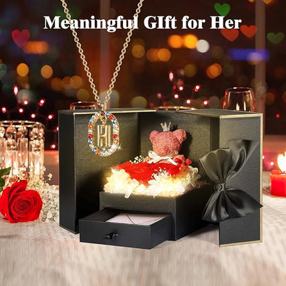 Cute Preserved Real Roses Bear Gift Box for Girlfriend with Initial Necklace H, Unique Birthday Gift for Mom, Her, Grandma, Anniversary Presents for Wife Women