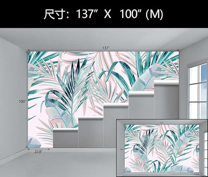 WFBHUA-Pink and Green Palm Leaf Wallpaper Large Self Adhesive Mural for Girls' Rooms 137"x100"