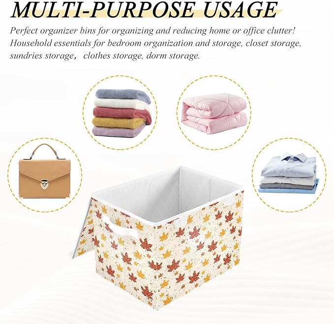 Thanksgiving Baskets Collapsible Storage Bins with Lids, Autumn Leaves Thanksgiving Storage Boxes Clothes Baskets for Organizing