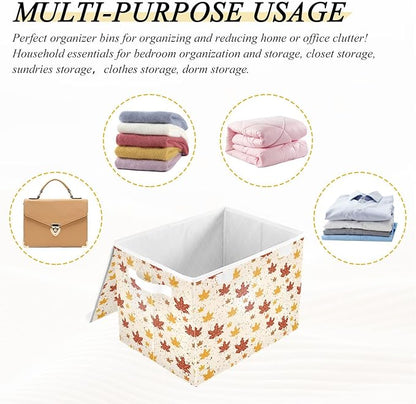 Thanksgiving Baskets Collapsible Storage Bins with Lids, Autumn Leaves Thanksgiving Storage Boxes Clothes Baskets for Organizing