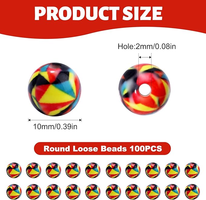 100 PCS 10mm Resin Beads Bulk for Bracelet Making Kit, Red Yellow Black Irregular Pattern Round Loose Beads for Jewelry Earring Necklace Rings Art Craft DIY Projects
