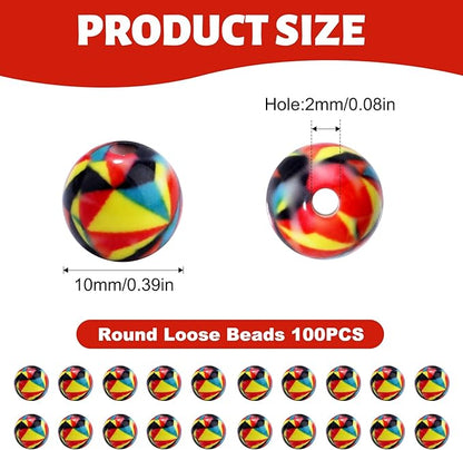 100 PCS 10mm Resin Beads Bulk for Bracelet Making Kit, Red Yellow Black Irregular Pattern Round Loose Beads for Jewelry Earring Necklace Rings Art Craft DIY Projects