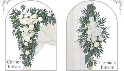 Ting's time Artificial Wedding Arch Flowers Kit(Pack of 4) 2pcs Large Artificial Flower Swags with 2pcs Draping Fabric for Wedding Party Ceremony Decoration(White)