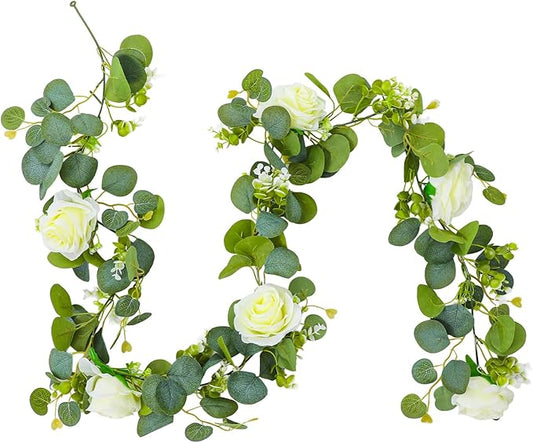 3 Pcs Total 18Ft Artificial Eucalyptus Flower Garland, Faux Eucalyptus Garland with White Roses Fake Flowers Vines for Centerpiece, Wedding, Party, Table, Background, Arch, Indoor Outdoor Decor