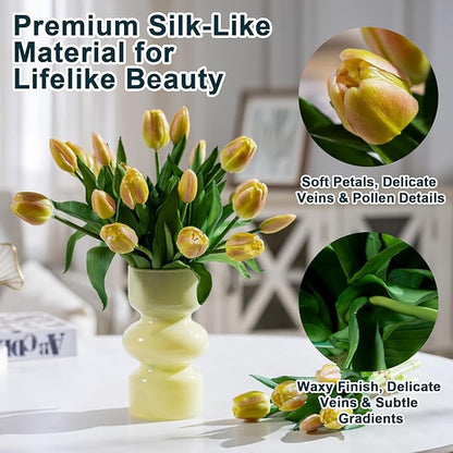 20PCS Fake Tulips Artificial Tulip Silk Flowers Fake PU Bouquet Artificial Flowers Faux Flowers with Gift Box Soft Faux Tulips Bouquets Arrangements for Party Wedding Home