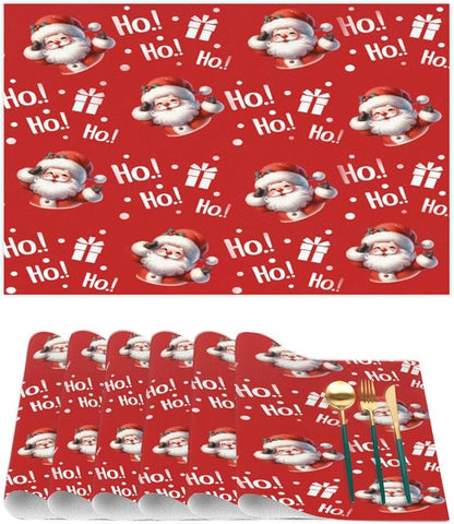Christmas Xmas Ho Santa Claus Placemats Set of 6 PVC Vinyl Non Slip Table Mats Heat Resistant Place Mats Washable Wipeable Dining Table Mat for Kitchen Decor Party Indoor Outdoor Decorative Gift