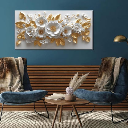 IDAFU Flower Wall Art White Foral and Golden Leaves Wall-décor White Wall Art Floral Painting Pictures for Living Room Bathroom Bedroom Kitchen Office Cuadros Decorativos Para Sala Decor 46L x 23W