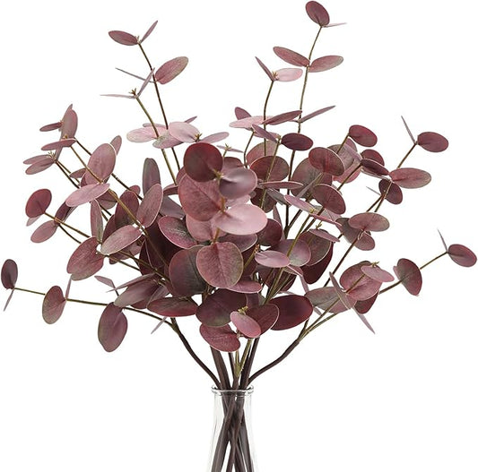 6pcs Real Touch Artificial Eucalyptus Stems Dual-Sided Lifelike Leaves Fake Eucalyptus Plants for Wedding Flower Arrangement Centerpiece Bouquet Home Office Decor(Purple)