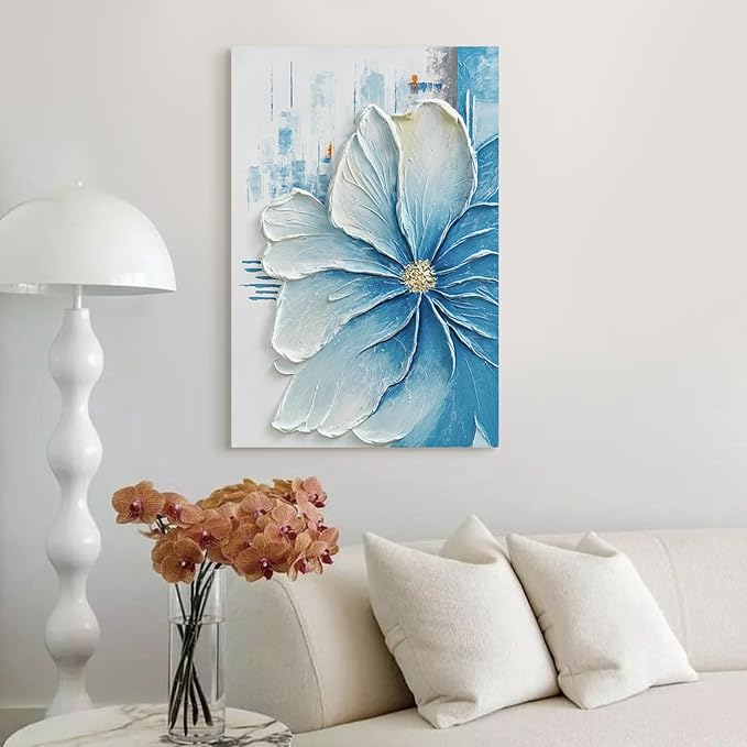 JUHOME Hand-Painted Blue Floral Canvas Wall Art, 24x36 In Thick Textured Abstract Oil Painting, Vertical Modern Artwork for Living Room, Bedroom, Office, Large Original Wall Decor