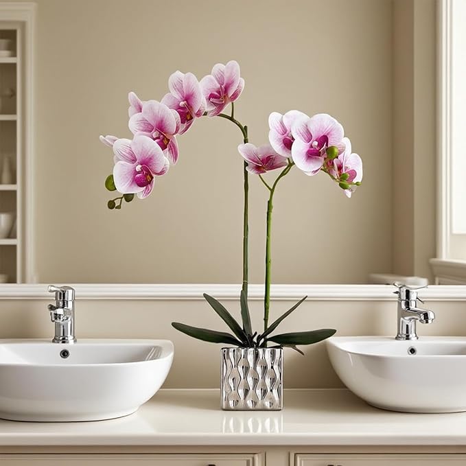 Artificial Orchid with Silver Vase, 20 Inch Purple Heart White Flowers, Indoor Home Decor