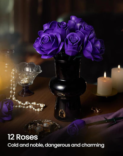 iATOM Purple Rose Bouquet Building Set, Artificial Flowers Botanical Collection for Adults Women, Gift for Christmas and Valentines Day - Gothic Home Office Table Centerpiece Decor - IA11017