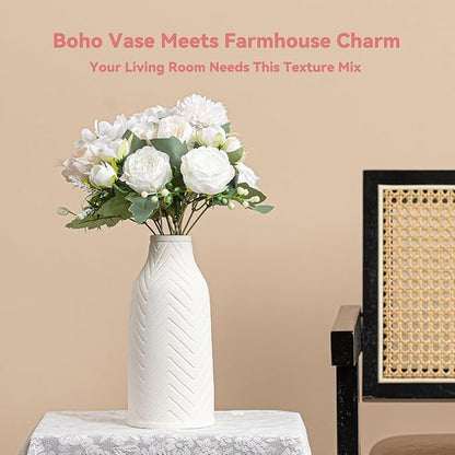 White Ceramic Vase with Chevron Texture - 8.6" Unique Flower Vase for Pampas Grass & Centerpieces, Decorative Boho/Farmhouse Vase for Living Room, Office Desk & Housewarming Gift (for Her/Yourself)