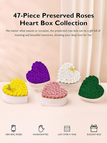 Eterfield 47 Forever Flowers in Heart Shape Box, Preserved Roses That Last a Year Preserved Flowers Birthday Gifts for Her Mom Women Wife Anniversary Valentines Day Mothers Day Christmas, Purple