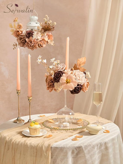 Serwalin Artificial Flowers,Brown & Apricot Fake Silk Flowers for DIY Wedding Bouquets Bridal Shower Centerpieces Floral Arrangements Party Tables Home Decorations