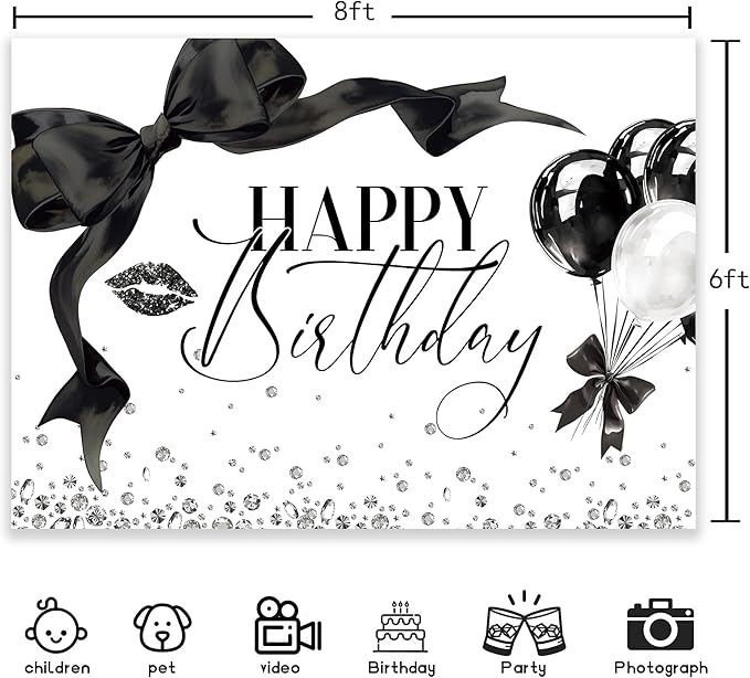 Black Bow Happy Birthday Banner Backdrop 8Wx6H Photography Girls Coquette Birthday Decorations Black White Bowknot Balloons Background Women Party Decorations Photo Booth Props Supplies