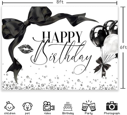 Black Bow Happy Birthday Banner Backdrop 8Wx6H Photography Girls Coquette Birthday Decorations Black White Bowknot Balloons Background Women Party Decorations Photo Booth Props Supplies