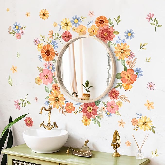 Tanlaby Boho Daisy Flowers Wall Stickers Watercolor Floral Wall Decals Peel and Stick Bohemian Wildflowers Art Decor for Girls Bedroom Living Room Wardrobe