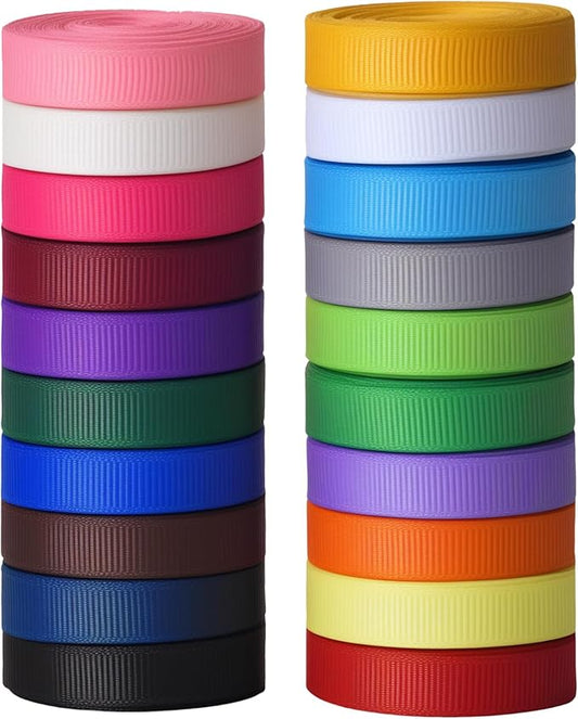 Grosgrain Ribbon 3/8 inch 20 Colors 5 Yards/Roll, Total 100 Yards Per Package for Christmas Tree, Wreath Decorations, Bow Making, Gift Wrapping, Flower Bouquet